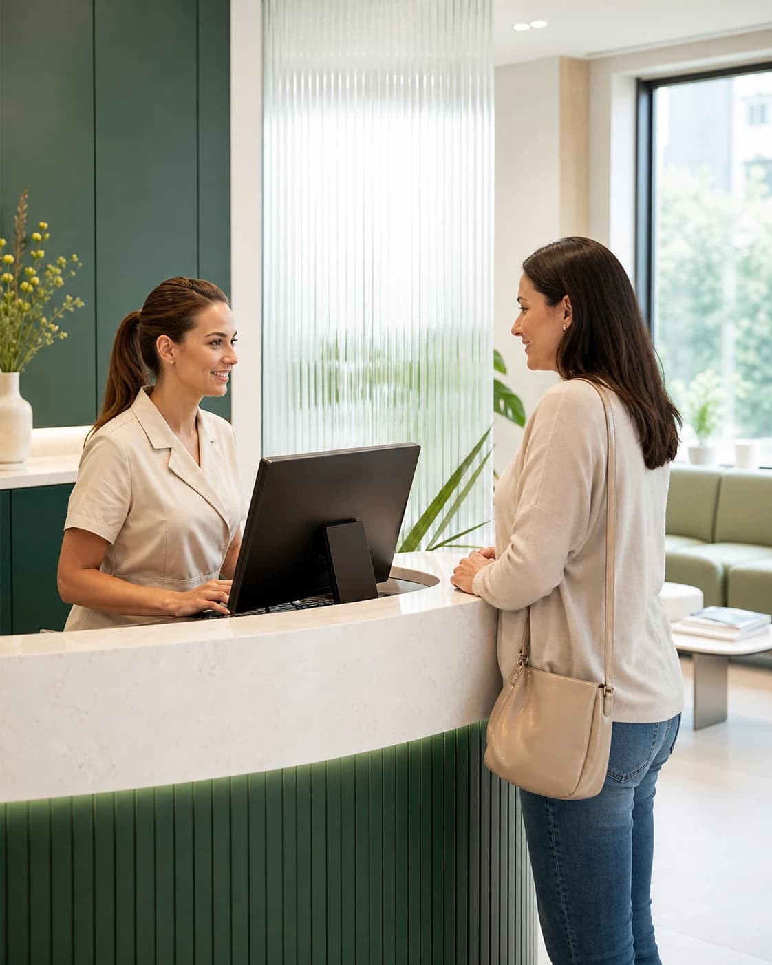 O recepționeră întâmpină o pacientă la recepția unei clinici moderne